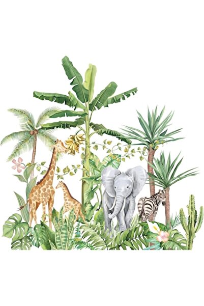 eZmart Autocolant Decorativ Padure Tropicala, Design Safari cu Animale si Pla...