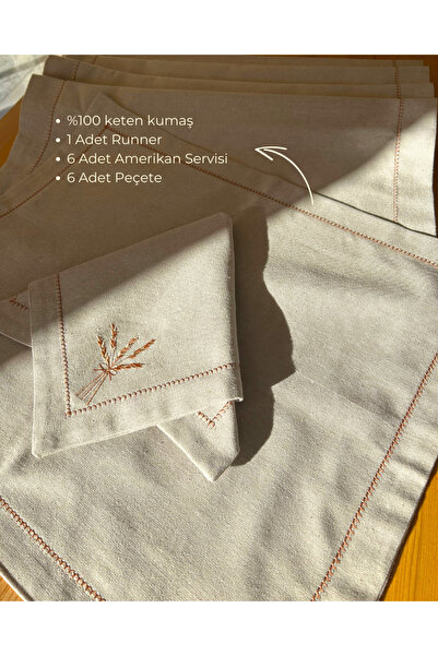 Elegancembroidery %100 Keten Runner, Amerikan Servis & Peçete Seti (6'lı set ...