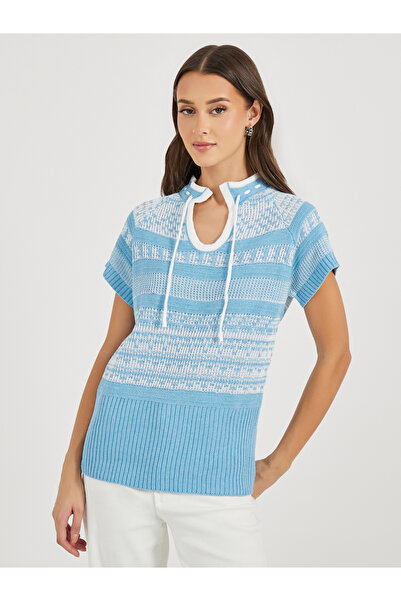 Styli Tie-Up Neck Patterned Knit Top