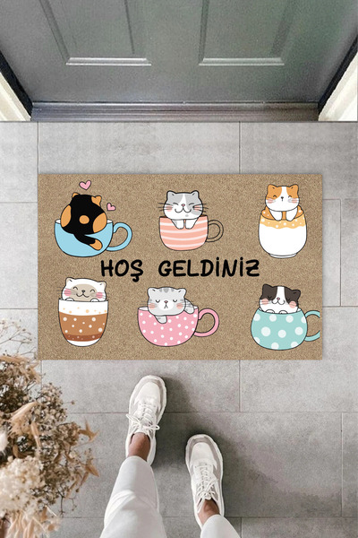 royalmoni Welcome Written Sleeping Cats Door Mat 40 x 60 cm