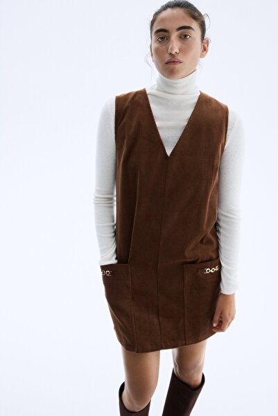 H&M Düz Kesim Fitilli Kadife Elbise