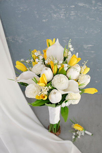 Uğur Gelin Buketi Islak Lale Gala Sarı Beyaz Gelin Çiçeği