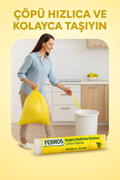 Febros 5'li Büyük Boy 65x70cm Avantaj Limon Kokulu Büzgülü Dayanıklı Extra Koruma Çöp Poşeti
