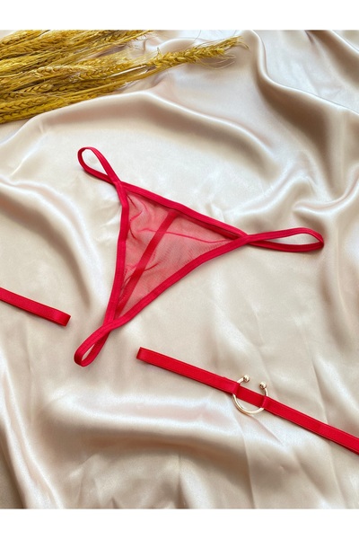 Maly Love Kadın Kırmızı Tül Tanga String ve Gold Halka Detaylı Bacak Aksesuarı