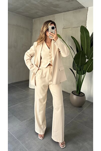 asfamoda Set de 3 piese pentru femei, crem, vestă-două piese-pantaloni-blazer
