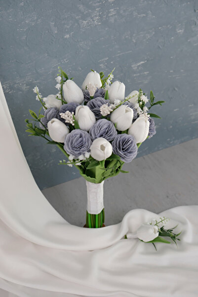 Uğur Gelin Buketi Lale Gül Gri Beyaz Gelin Çiçeği