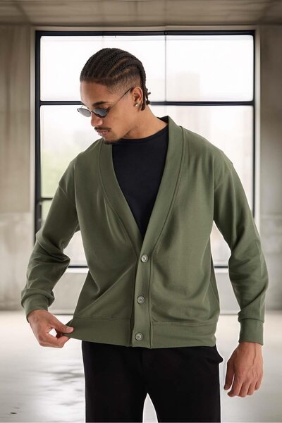 Valiberta Potter Textured Thessaloniki Fabric Oversize Basic 3 Button Men's Cardigan - Hunter Green
