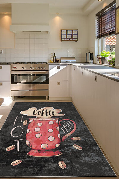 Emiroğlu Kahve Kupası Motif Koyu Zemin Kaymaz Taban Mutfak Halısı – Yıkanabil...