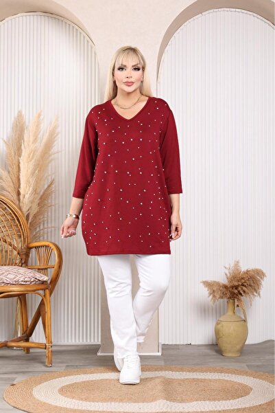 EMEZ Burgundy Blouse with Pearl and Stone Detailing