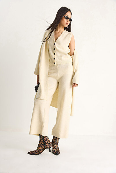 Bianco Lucci Women's High Waist Trousers Vest Cardigan Triple Knitwear Set 20247573