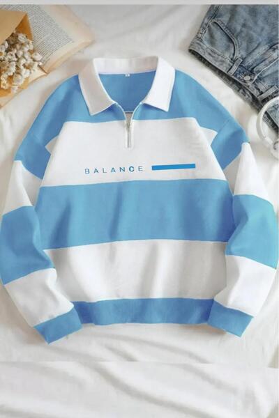 NO 601 Φούτερ Unisex Baby Blue-White με μισό φερμουάρ, ισορροπημένο στάμπα και όρθιο γιακά