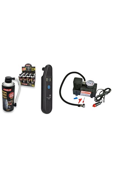 Temiz Pazar 3’lü Lastik Yol Yardım Seti – Basınç Ölçer + Kompresör + Tamir Kiti