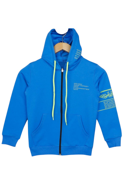 İrem Çocuk Giyim Boy's Style Lettered Sleeve Patterned Hooded Blue Cardigan