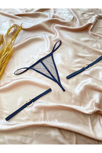 Maly Love Kadın Siyah Tül Tanga String ve Gold Halka Detaylı Bacak Aksesuarı