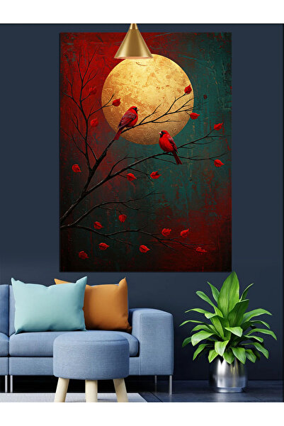 KanvasSepeti Pictură decorativă în ulei cu Lună și Păsări Roșii, Pânză textur...