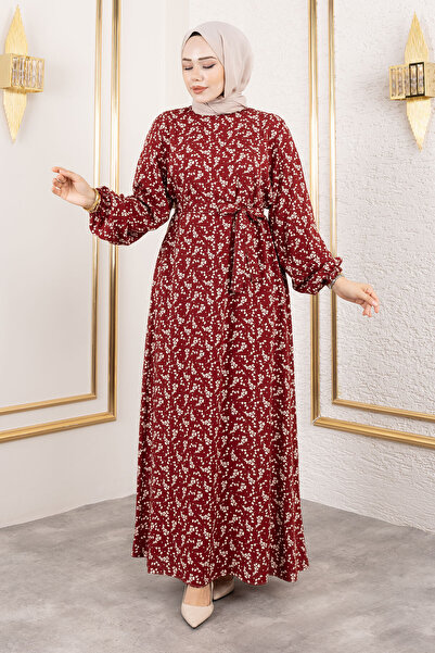Tesettür Dünyası Küçük Çiçek Desenli Viskon Elbise TSD250215 Bordo