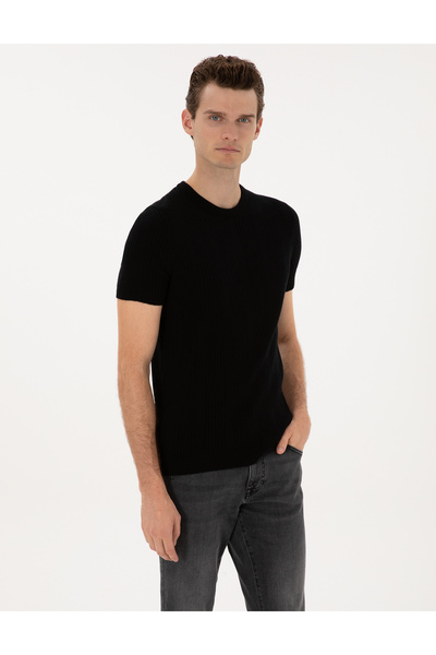 Pierre Cardin Pulover negru, slim fit, cu guler tip crewneck, din tricotaj 50...