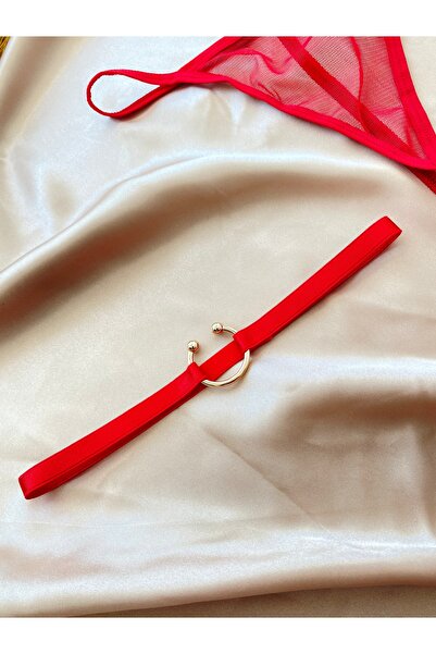 Maly Love Kadın Kırmızı Tül Tanga String ve Gold Halka Detaylı Bacak Aksesuarı