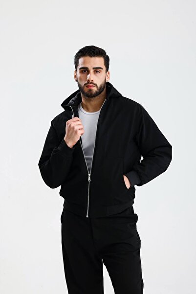 İLKCET MODA Hooded Black Gabardine Oversize Bomber Jacket