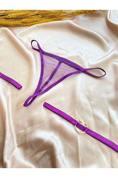 Maly Love Kadın Mor Tül Tanga String ve Gold Halka Detaylı Bacak Aksesuarı