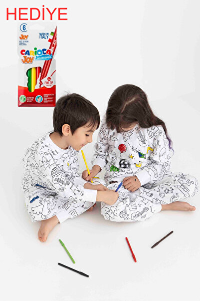 Tarık Long Sleeve Cute Figures Paintable Children's Pajama Set with Painting Pen Gift