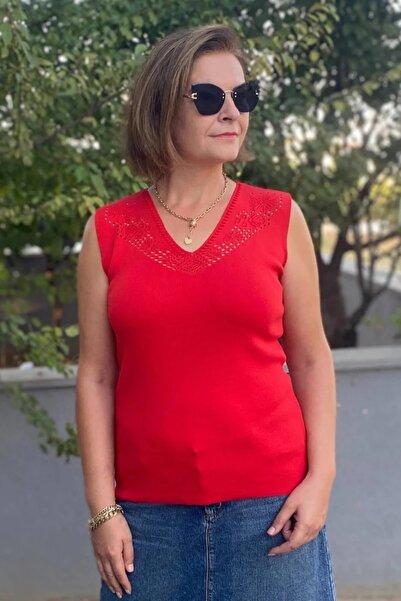 Mia Butik Women's Lina Red Mercerized Sleeveless Blouse