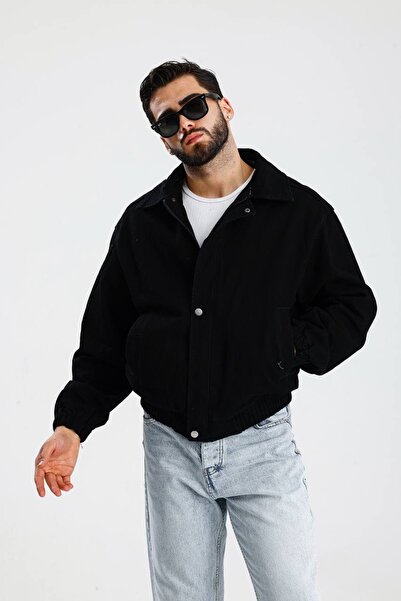 İLKCET MODA Premium Black Zippered Denim Oversize Bomber Jacket