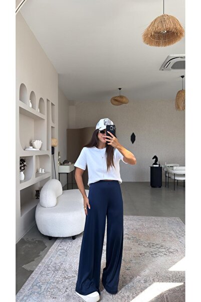 Buket Teke Lacivert Dökümlü Tok Saten Pantolon