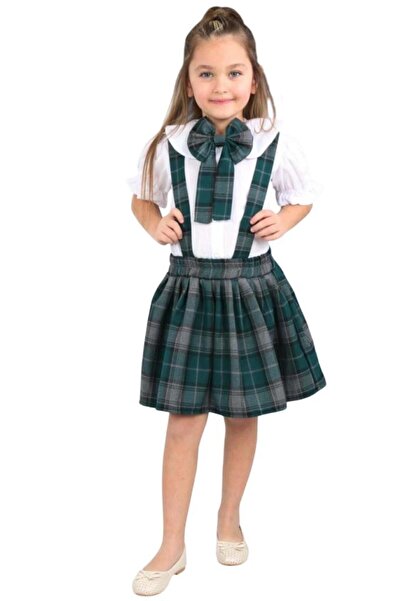Riccotarz Girl's Green Salopet Suit with Ruffled Sleeves and Square Striped Skirt over Baby Collar Shirt