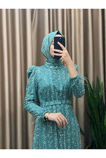 MERVE TESETTÜR Stone Embroidered Evening Dress with Tassel on the Sleeve