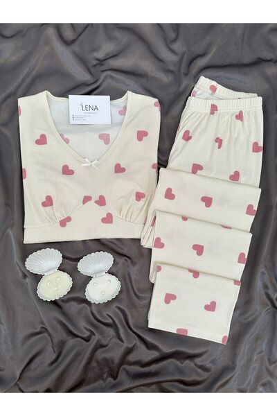 Lena Homewears Σετ πιτζάμες εκρού Βερολίνου με ροζ σχέδιο καρδιάς