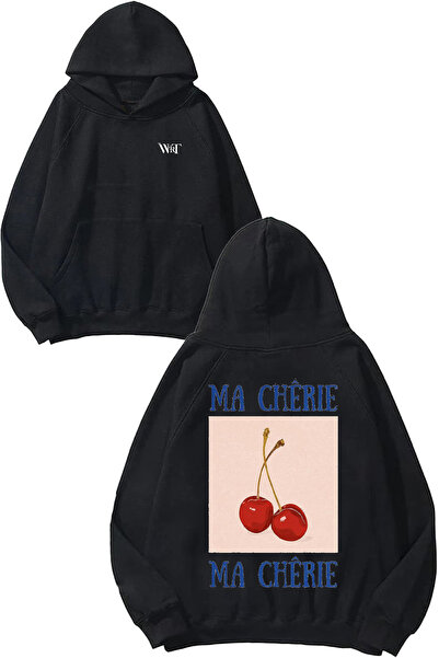 THEWERT Hanorac negru cu glugă cu imprimeu la spate Cherry 2 Design