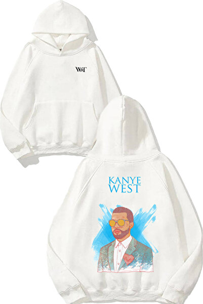 THEWERT سويت شيرت أبيض بقلنسوة مطبوع عليه تصميم ظهر من كاني ويست 2