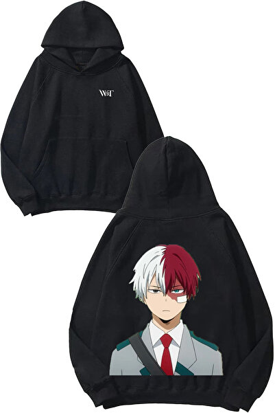 THEWERT Hanorac negru cu glugă cu design Shoto de la My Hero Academia