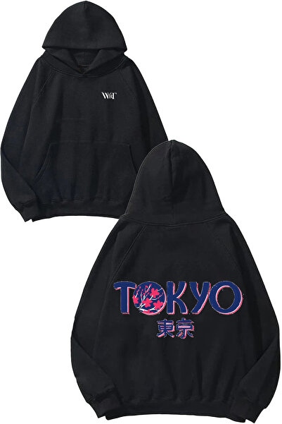 THEWERT Hanorac negru cu glugă cu imprimeu în spate cu design japonez 1