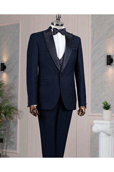 TerziAdemAltun İtalyan stil slim fit taşlı ceket yelek pantolon damatlık set ...