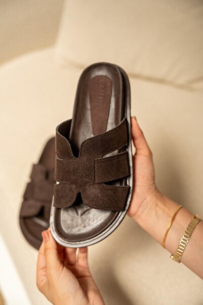 LAMİNTA Olden Bitter Brown Suede Thick Sole Women's Slippers