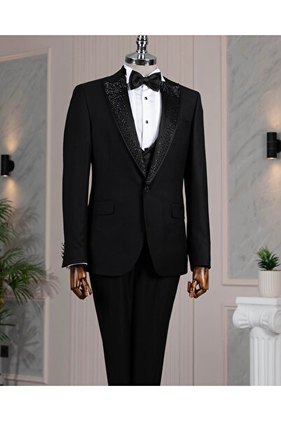 TerziAdemAltun İtalyan stil slim fit taşlı ceket yelek pantolon damatlık set ...