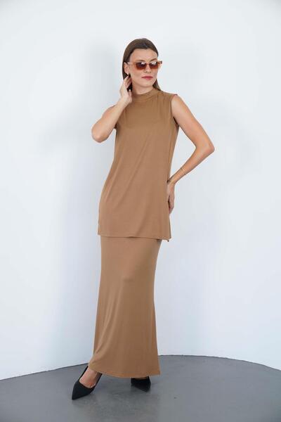 penyebizden Viscose Sleeveless Tunic and Skirt Set-Cinnamon