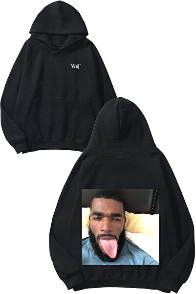 THEWERT سويت شيرت بقلنسوة أسود اللون مطبوع عليه تصميم الرجل الذي ينفض اللسان