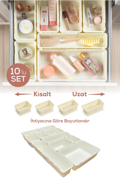 teknotrust 10'lu Ayarlanabilir Çekmece Düzenleyici Kutu Seti, Uzayan ve Kısal...