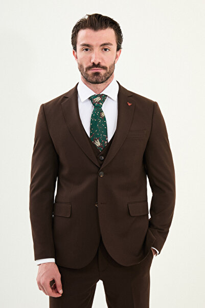 Mcr Düz Slim Fit Mono Yaka Klasik Yün Erkek Takım Elbise Koyu Kahve - 45418.25K