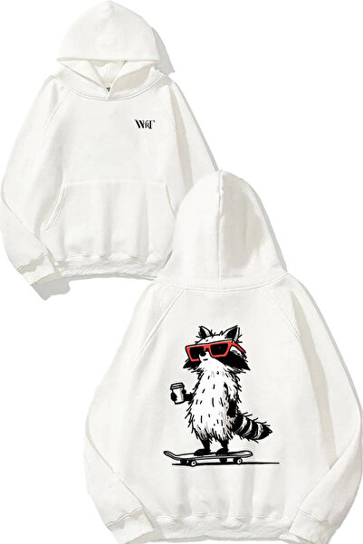 THEWERT Hanorac alb cu glugă cu imprimeu în spate cu design de raton înfrigid...