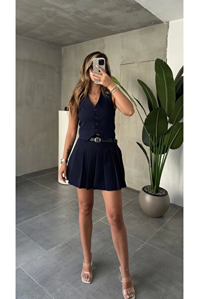 asfamoda Kadın Lacivert Düğmeli Kolsuz Yelek&Astarlı Mini Şort Etek Alt Üst Takım