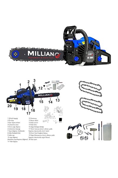 Millian MLN-MS-362 Ağaç Motoru Benzinli Testere Ağaç Odun Dal Kesme Makinası Zincirli Hızar +1 Zincir Hediye