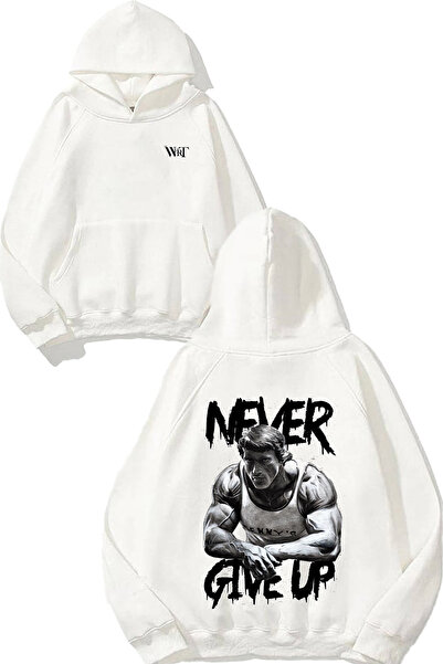 THEWERT Hanorac alb cu glugă cu design Gym Never Give Up 2 imprimat pe spate