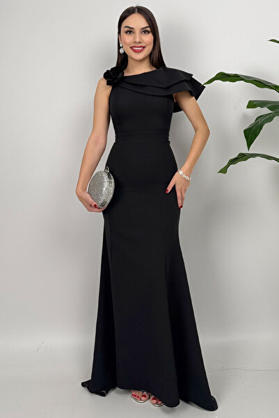 Dolcha Kadın Siyah Tek Omuz Balık Model Çiçek Detaylı Uzun Abiye Elbise - Del...