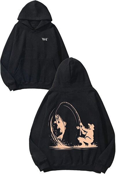 THEWERT Hanorac negru cu glugă cu imprimeu Fishher 1 Design