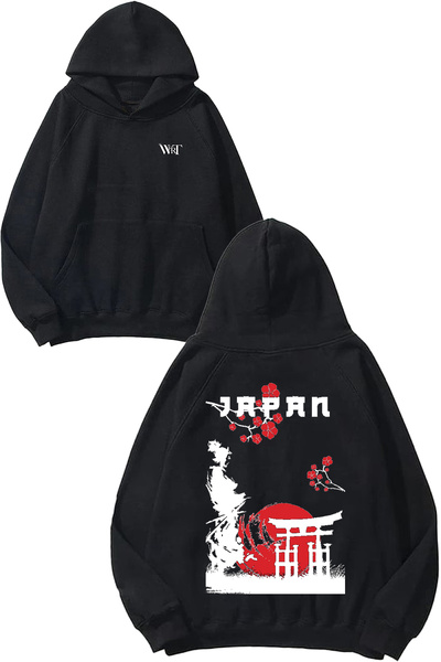 THEWERT Japanese 4 Design Back Printed Black Hooded Sweatshirt