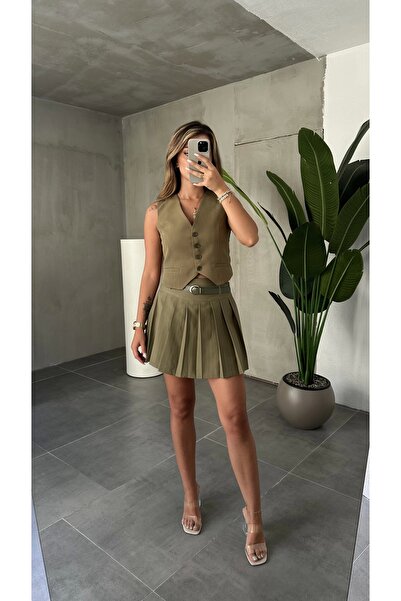 asfamoda Kadın Haki Düğmeli Kolsuz Yelek&Astarlı Mini Şort Etek Alt Üst Takım